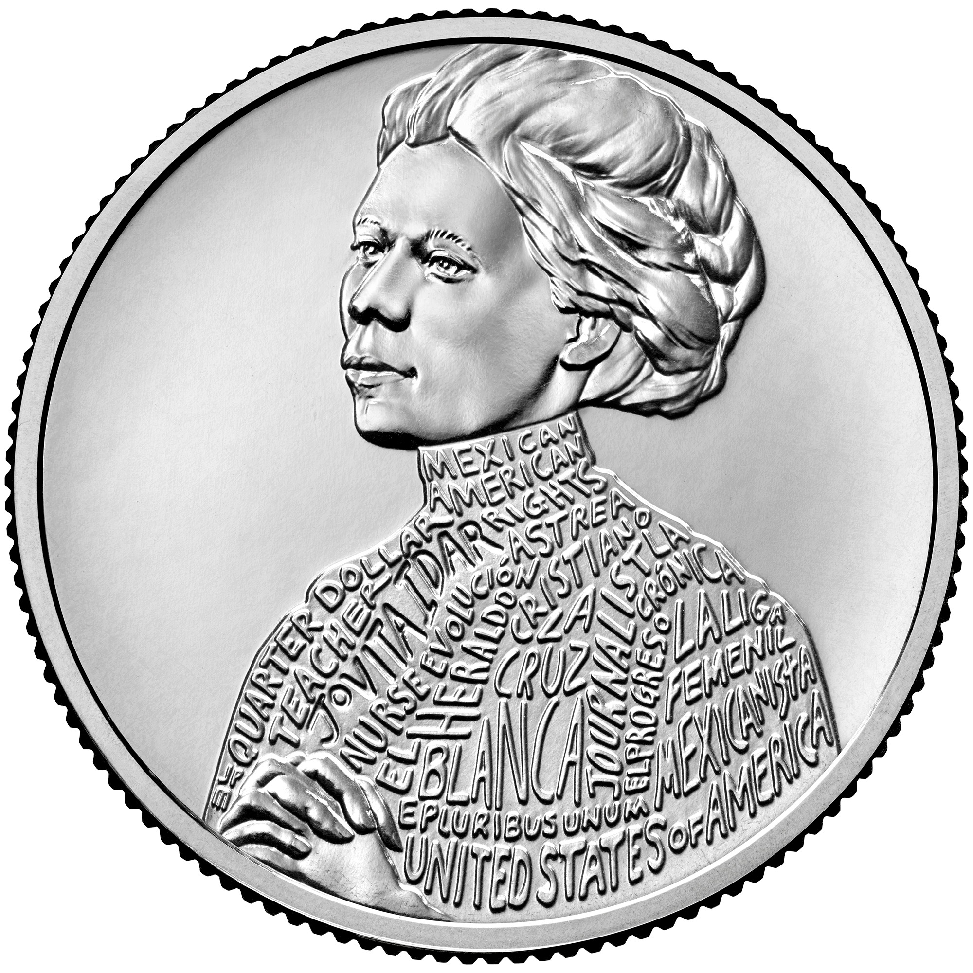 Reverse of the 2023 U.S. quarter showing Jovita Idar with hands clasped